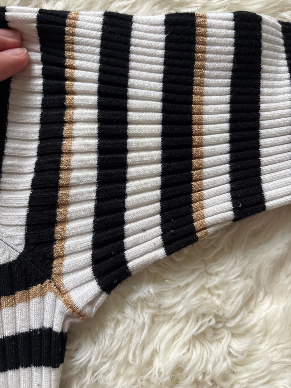 INC International Concepts Striped Ribbed Turtleneck in Black, White & Gold - Picture 8 of 9